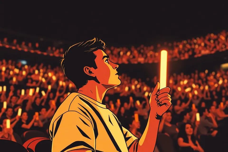 A fan holds a glowing light stick, looking up at the stage in a dark arena filled with other light sticks.