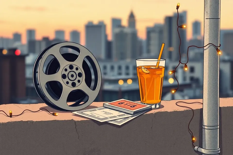 A film reel and iced tea on a concrete ledge with fairy lights and a blurred city skyline at dusk.