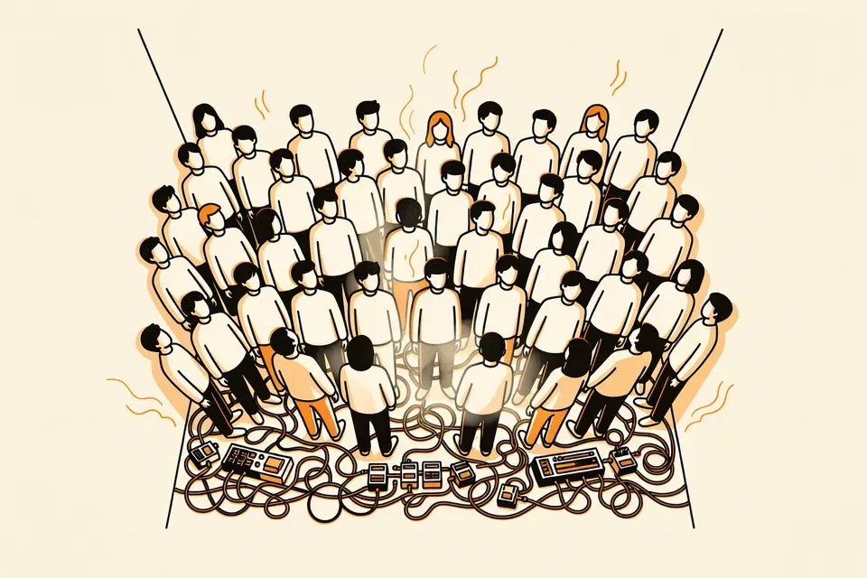 Overhead view of a crowd in a dark venue, with guitar cables and pedalboards forming a web on the floor, and smoke drifting upward.