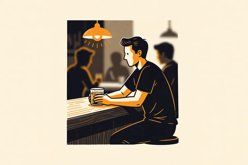 A person in a dimly lit bar leans against a wooden counter, holding a glass. A single lamp casts warm light on the scene, with another figure barely visible in the background.