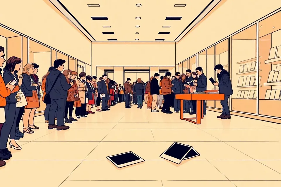 A cinema lobby with a line of fans holding books and photocards, approaching a warmly lit signing table. A polaroid photo lies on the floor near the table.