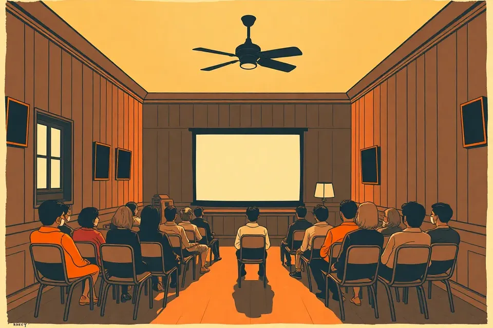 A cozy, dimly lit room with wooden walls and a ceiling fan, where a few people sit on assorted chairs facing a blank screen, evoking a quiet, contemplative atmosphere.