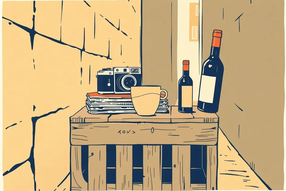 A still life arrangement on a wooden crate featuring a vintage film camera, vinyl records, a ceramic cup, and a wine bottle, evoking a nostalgic market atmosphere in an old alley.