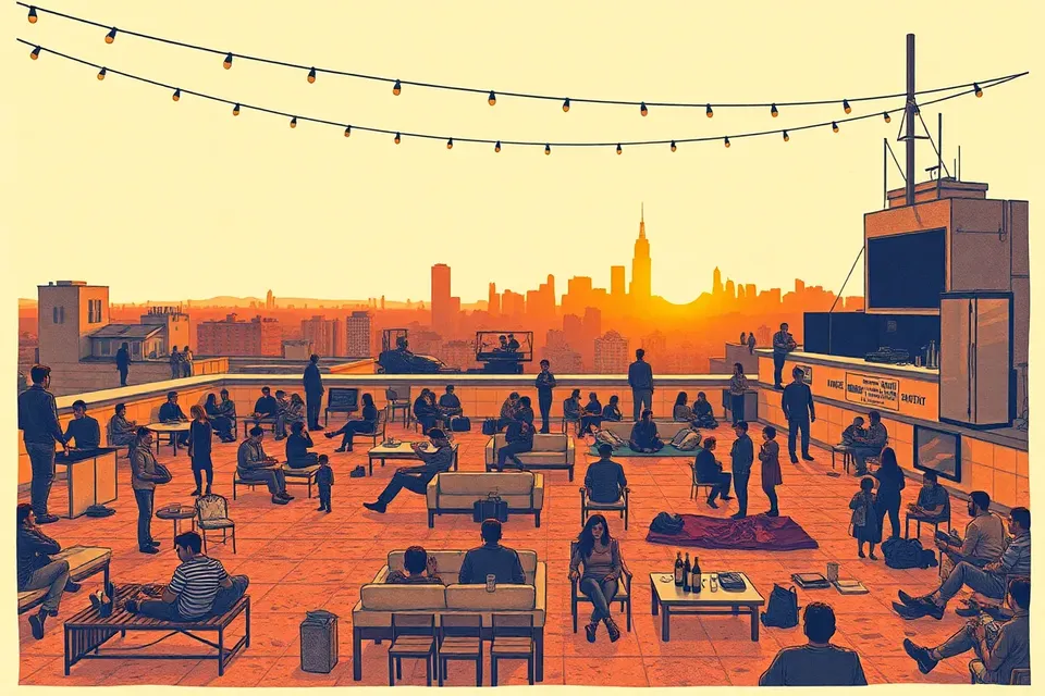 A rooftop village at sunset with scattered seating, a bar, and a DJ booth, small figures relaxing and mingling as warm light fades.