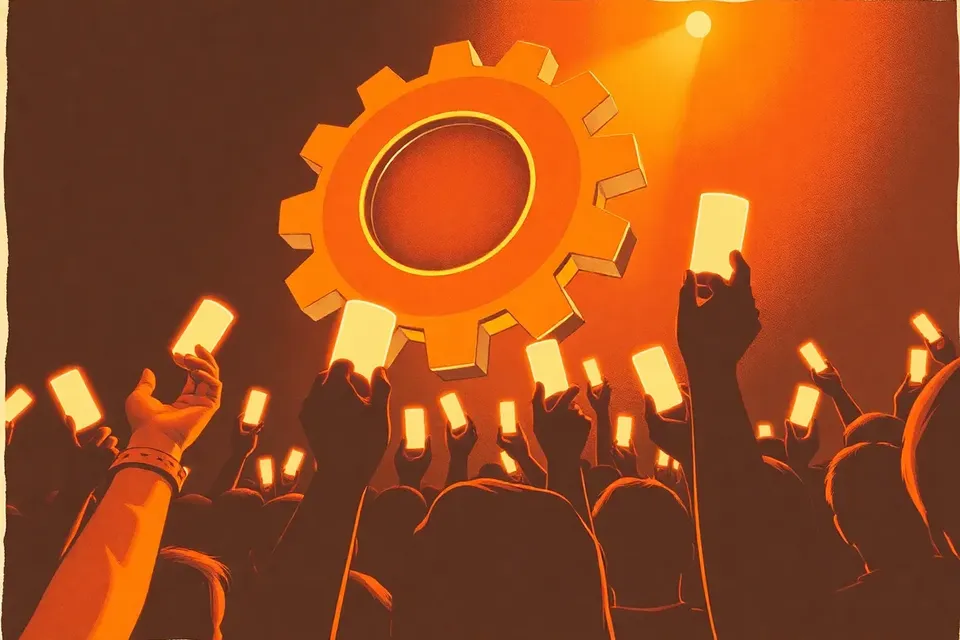Close-up of a glowing gear-shaped light floating above a concert crowd, with blurred hands holding smaller gear glow sticks reaching up, stage lights and haze in background.