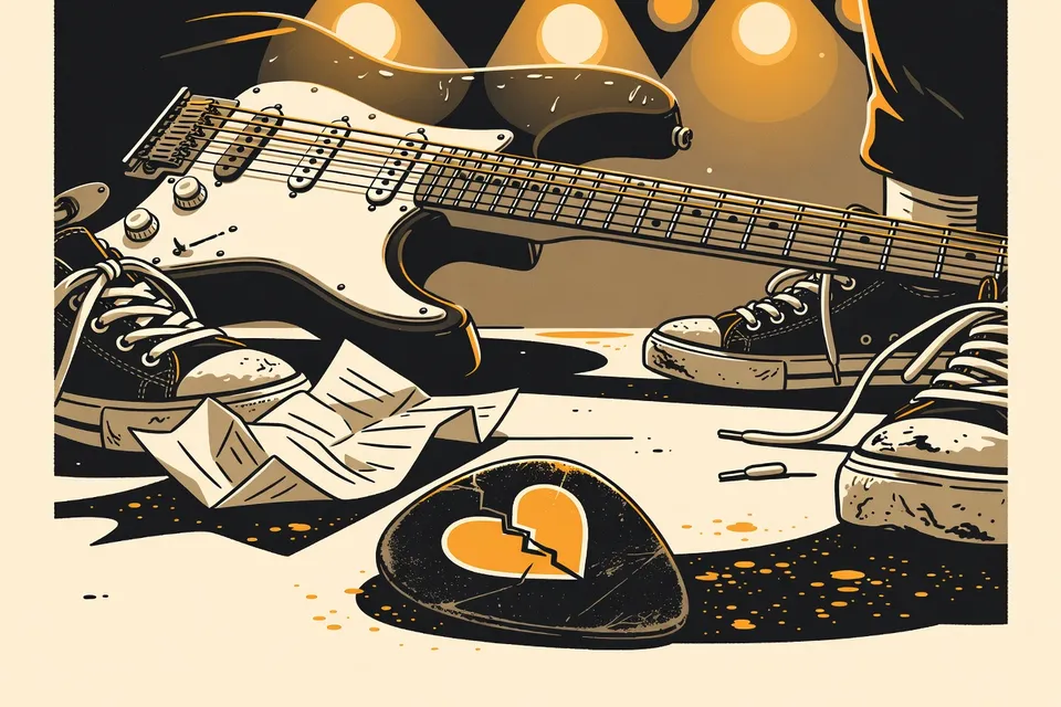 Close-up of a guitar pick with a cracked heart sticker on a sticky floor, surrounded by sneakers and a crumpled setlist, with blue stage lights reflecting on a guitar fretboard.
