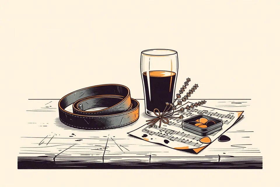 A still life arrangement on a wooden bar: a coiled leather banjo strap, a half-empty pint glass, a creased sheet of sheet music under a tin of guitar picks, and a sprig of dried lavender tied with twine, all lit by warm amber light.