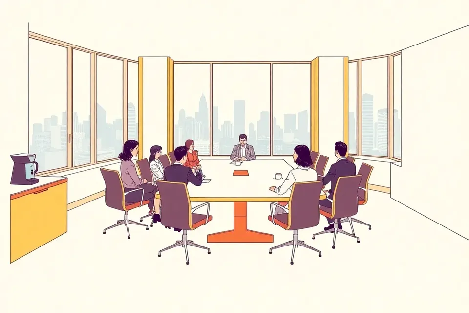 A spacious, well-lit meeting room with a long table, chairs, and a coffee station, viewed from a wide angle, with a few people seated and talking.