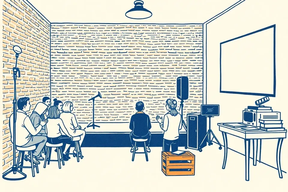 A wide view of TUFF bar's interior with exposed brick walls, a stage with microphone, audience on stools, a film projector, and a workshop table with zines.