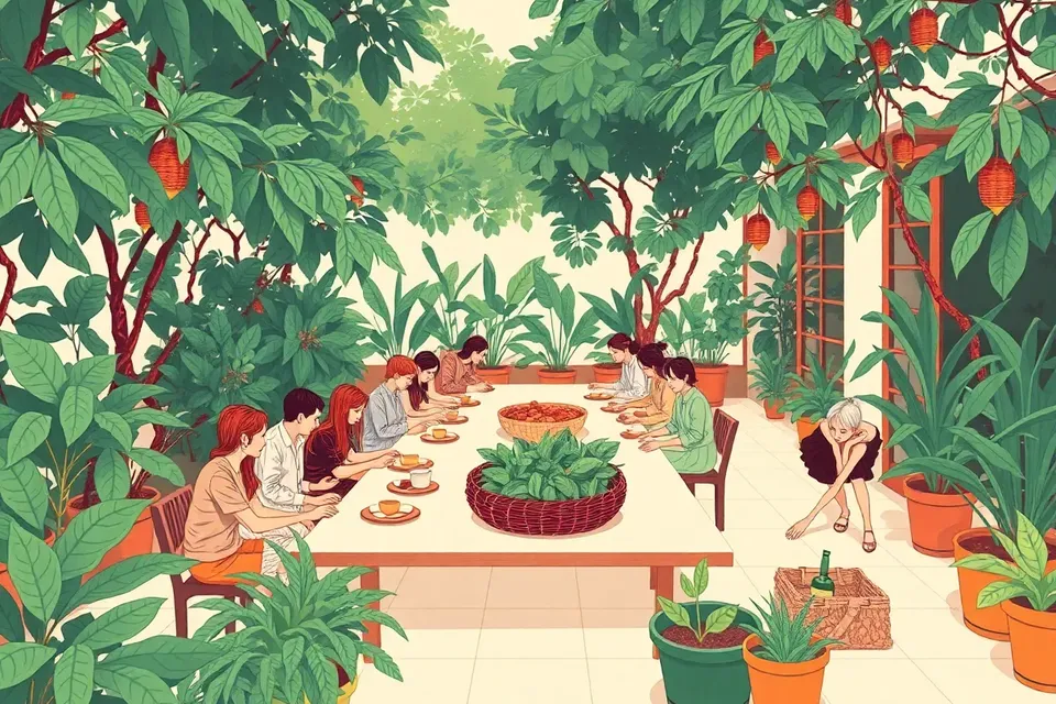 A wide view of a leafy courtyard with a long table of people sharing food, some gardening nearby, evoking a calm community gathering.