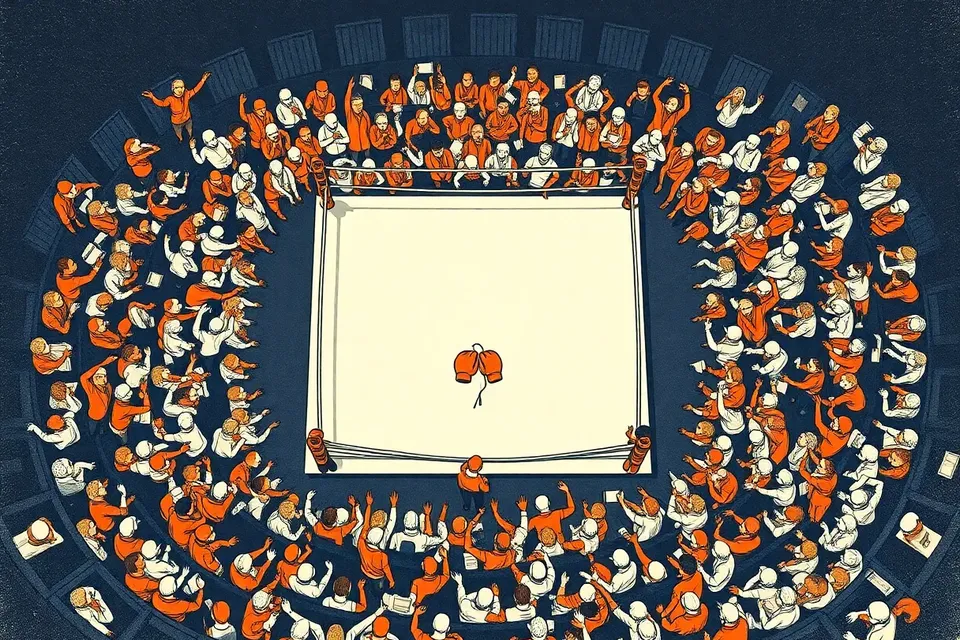 An overhead view of a Muay Thai boxing ring surrounded by a crowd of spectators, with a pair of gloves in the center.