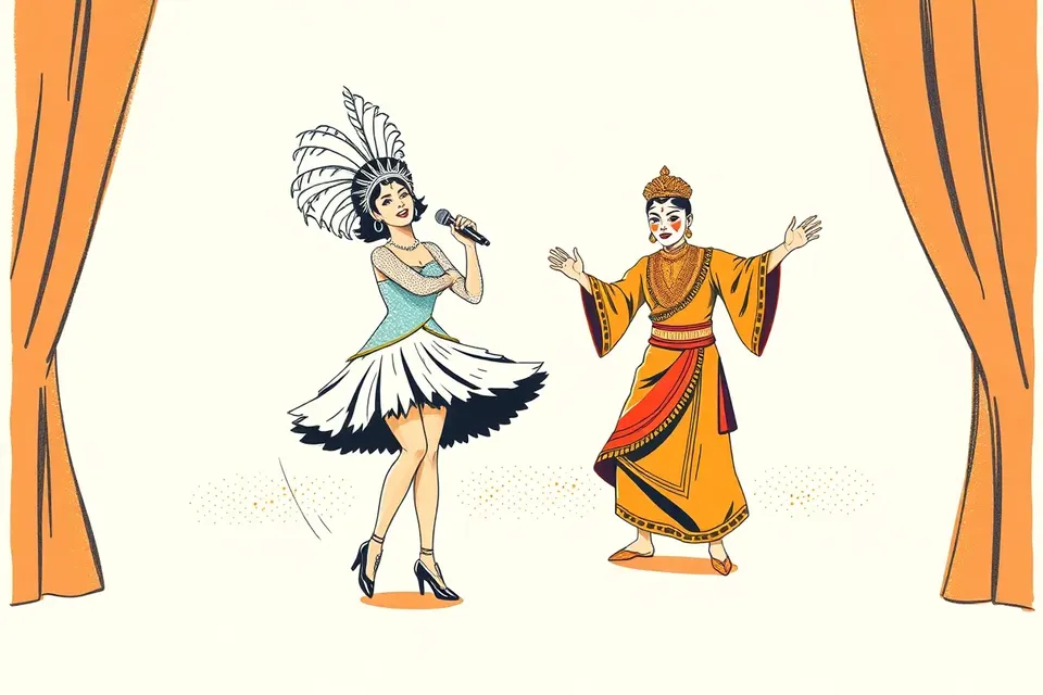 A vibrant stage scene with a sequined performer twirling and a likay-styled figure gesturing, under warm spotlights with a glittering curtain edge.