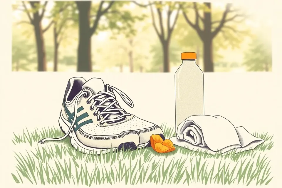 A still life of running shoes, a towel, and a water bottle on grass, with a yellow petal on the shoe, evoking a peaceful post-run moment in a park.