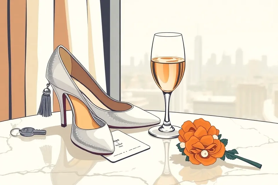 A still life arrangement with a silver high heel, a hotel key card, a wine glass, and a crumpled corsage on a marble table, with a blurred city skyline in the background.