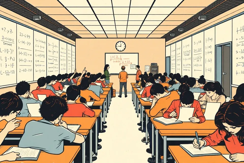 A wide shot of a busy study hall with students at desks, writing and raising hands, surrounded by whiteboards with faint formulas.