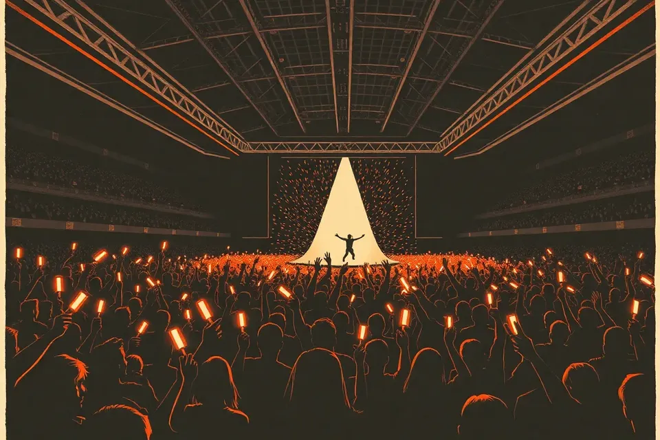 A wide shot of a large indoor arena filled with a crowd holding glowing lightsticks, with a distant stage and a dancer leaping under a spotlight, confetti falling.