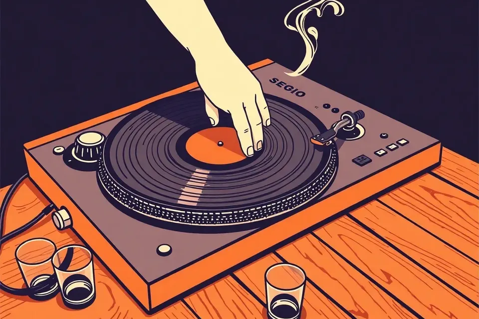 Close-up of a vinyl record spinning on a turntable in a dimly lit cafe, with a hand hovering over a mixer and smoke in the air.