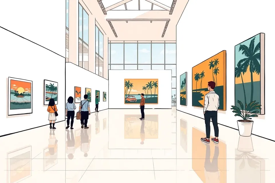 A spacious gallery interior with white panels displaying colorful retro-style paintings of pools and palm trees, a few visitors viewing, and large windows showing a river outside.