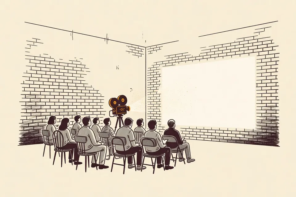 A wide shot of a brick-walled room with a projector beam crossing the space, small figures seated in mismatched chairs facing a blank white wall.