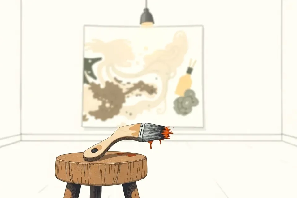 A paintbrush on a stool in a white gallery, with a blurred, colorful canvas in the background under a spotlight.