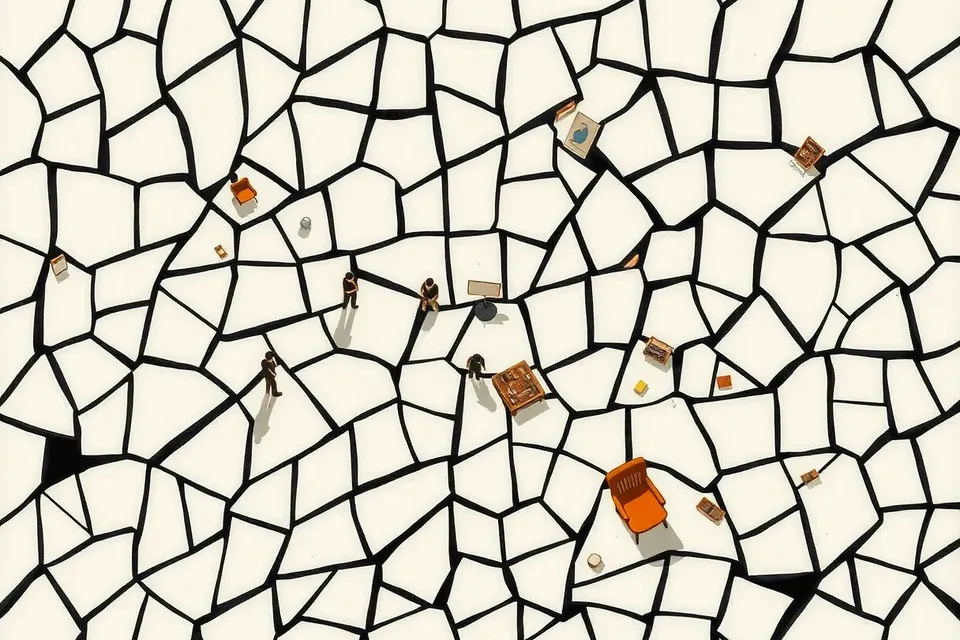 An overhead view of a vast, monochrome art installation space, with geometric shapes and small figures scattered across a patterned floor.