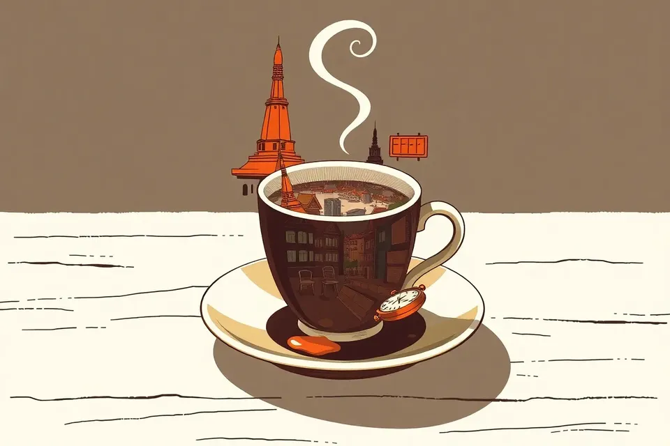 A vintage coffee cup on a wooden table with a melting pocket watch on its saucer, reflecting a surreal, distorted Bangkok skyline with temple spires and shophouses, steam curling into a spiral.