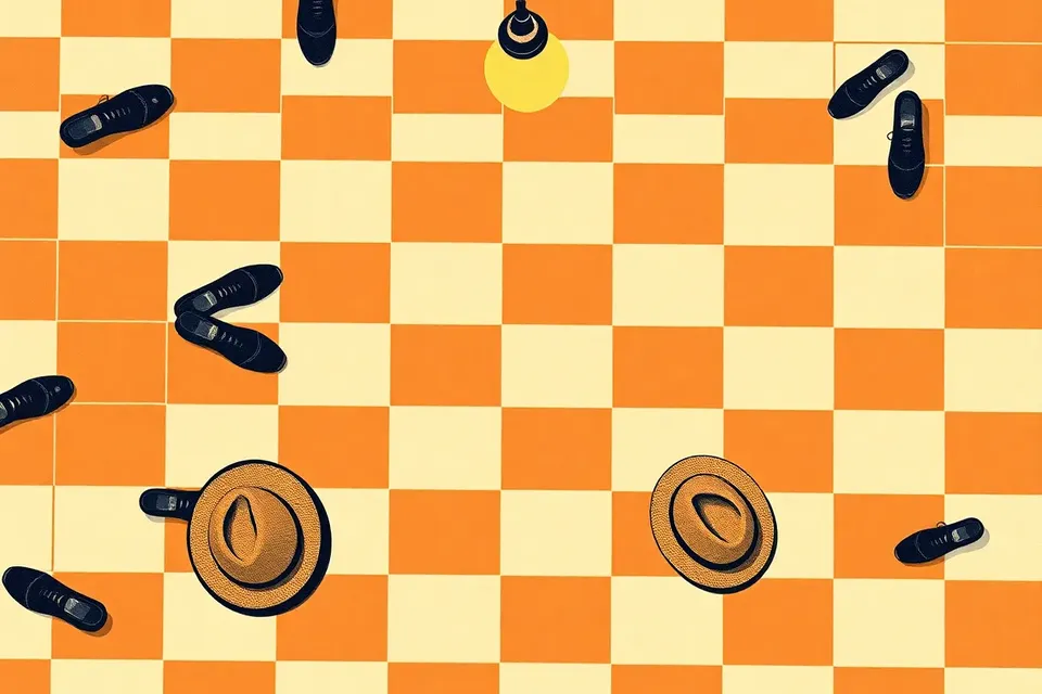 Overhead view of a checkerboard dance floor with pairs of feet dancing, a fedora hat on the floor, and warm lighting creating shadows.