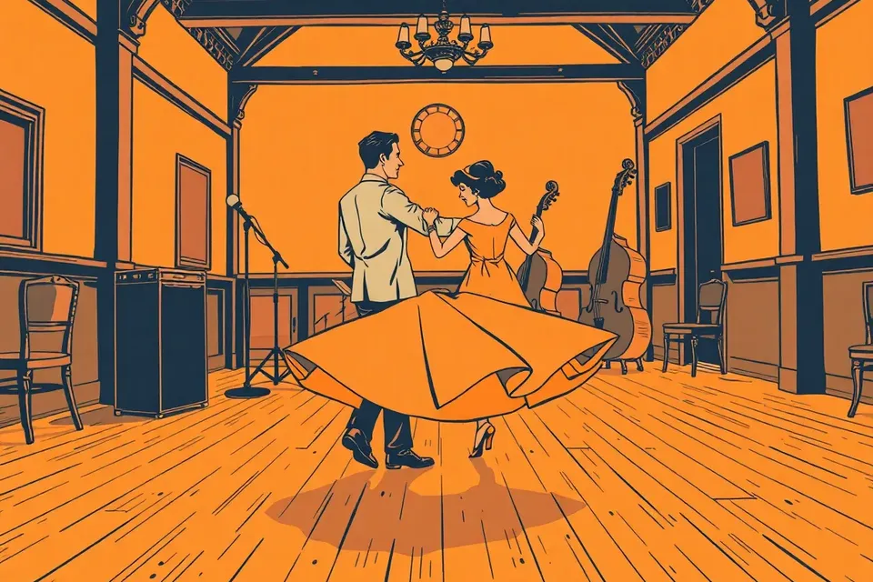 A couple dancing in vintage 1930s clothing inside a historic hall, with a microphone and double bass in the background, warm lighting and wooden floor.