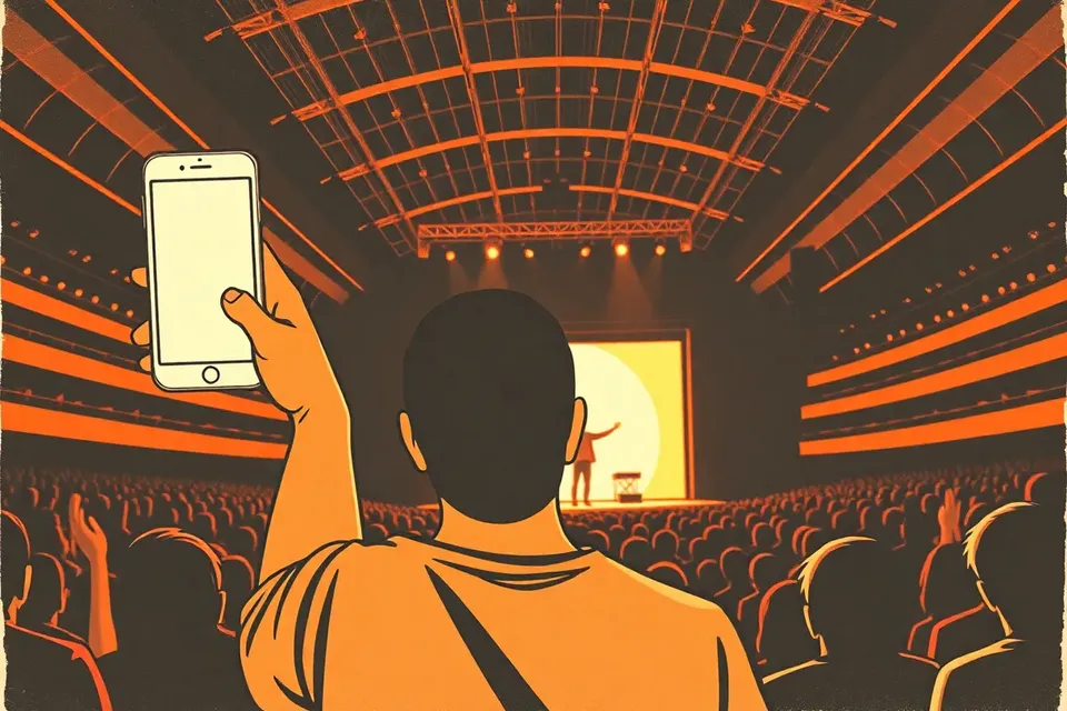 A fan in a dark hall holds up a glowing phone, capturing a distant performer on stage under a spotlight, with other phone lights scattered around.