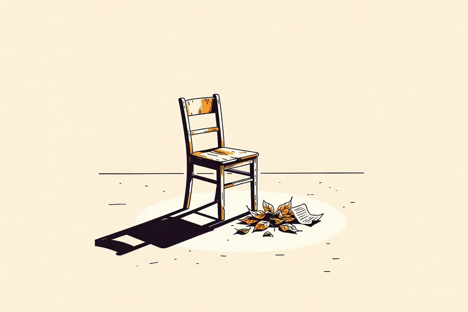 A wooden chair slightly tilted on a concrete floor, with dried leaves and a crumpled receipt nearby, illuminated by a spotlight.