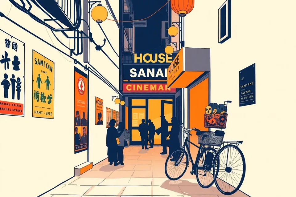 An alley in Bangkok's Pathum Wan District at dusk, with a cinema entrance glowing warmly. Small figures stand outside, and a bicycle with film reels is parked nearby.
