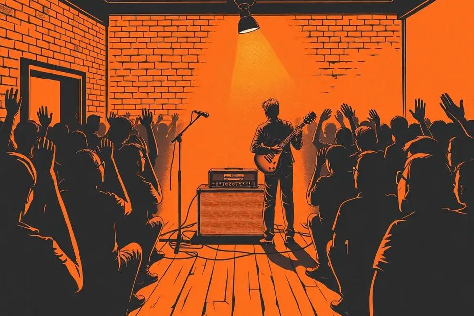 A guitarist performs on a small stage in a dim, intimate venue, surrounded by silhouetted audience members, with a spotlight and atmospheric haze.
