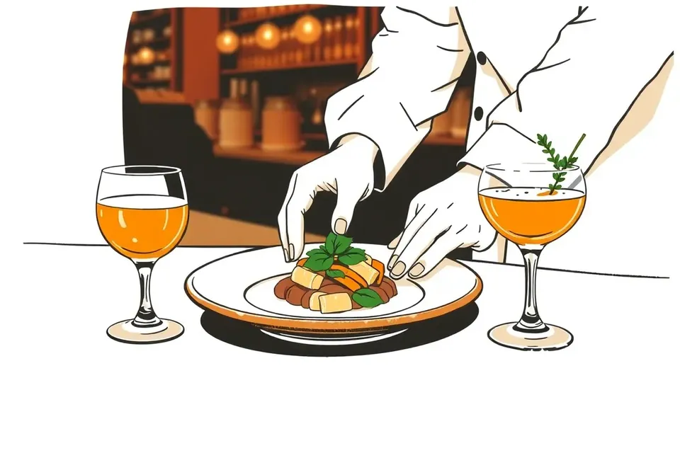 Close-up of a chef's hands plating a small dish, with a cocktail nearby, in a cozy restaurant setting.