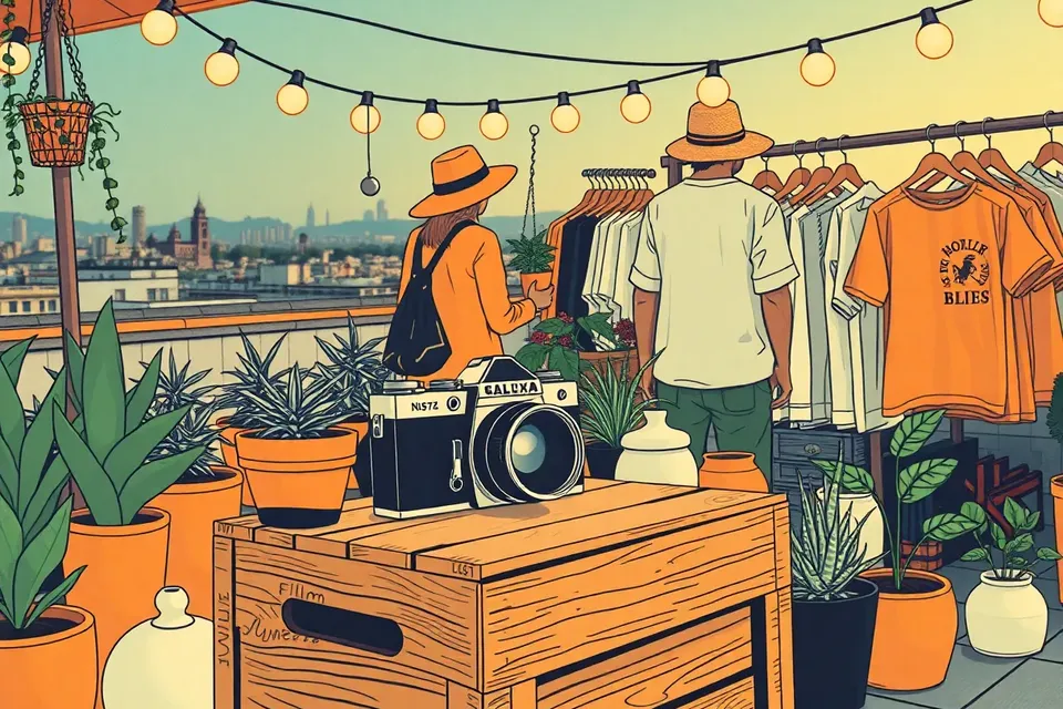 A vintage film camera on a wooden crate, surrounded by plants and ceramics, with string lights and a distant city skyline at dusk.