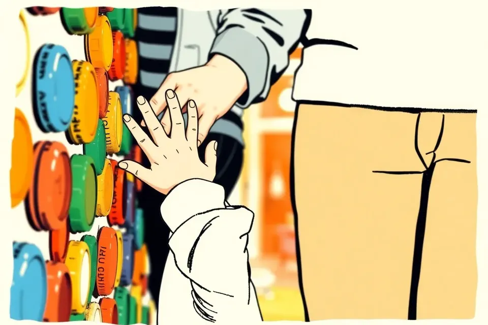 Close-up of a child and an adult's hands interacting with a wall made of recycled bottle caps, with a blurred indoor background.