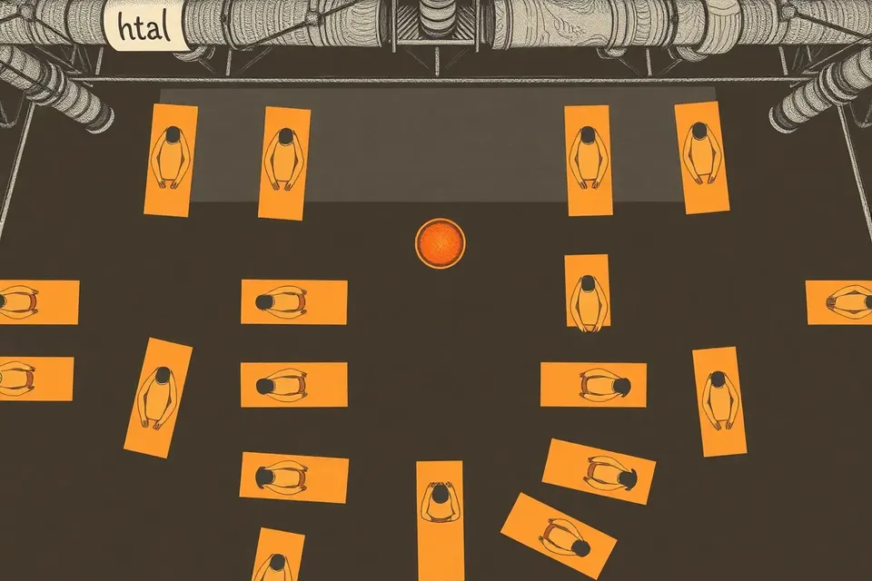 An overhead view of a dark industrial space with yoga mats arranged in a grid, people lying on them, and singing bowls in the center, with pipe shadows creating a pattern.
