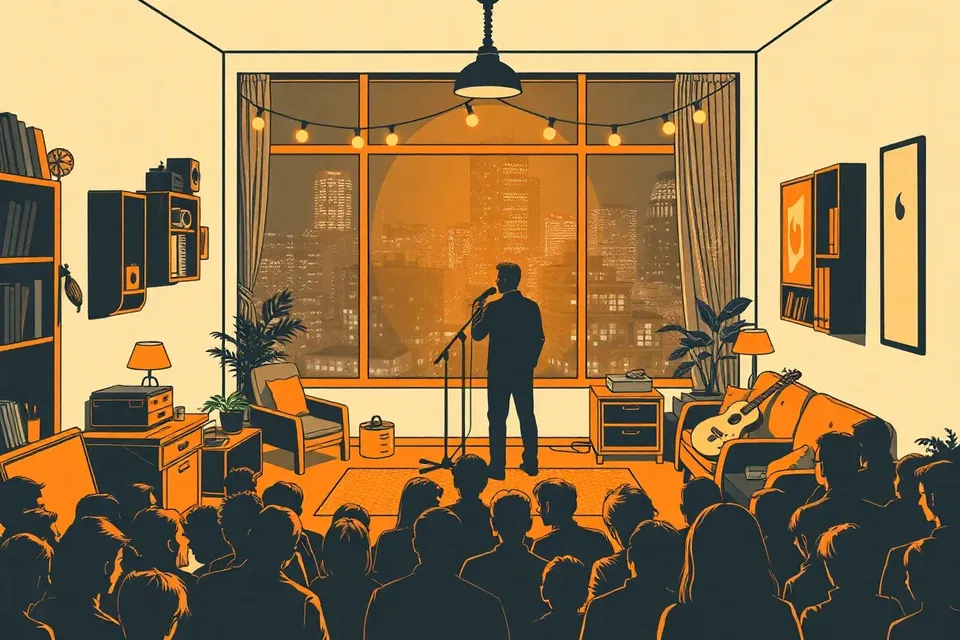 A cozy cafe with a small stage, string lights, vintage furniture, and a performer silhouetted against a window, with a small audience gathered around.