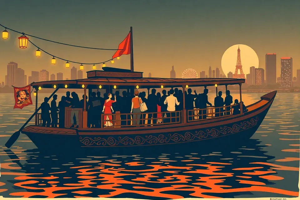 A wide shot of a docked boat on a river at night, filled with people dancing under warm lights, with a city skyline in the background and Thai patterns on the boat's hull.