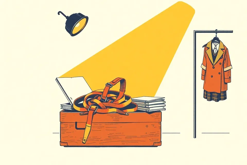 A still life arrangement with a coiled stunt harness, a conductor's baton, script pages, and a school uniform on a rack, illuminated by a single spotlight.