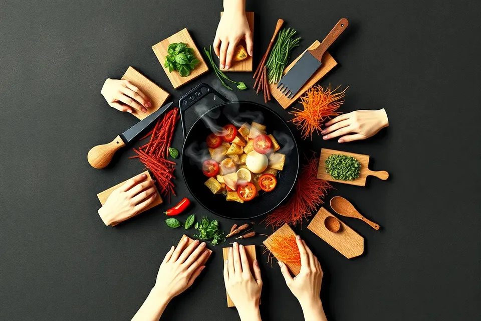 An overhead view of a Thai cooking workshop, with hands chopping herbs around a steaming wok on a dark table, creating a radial pattern.