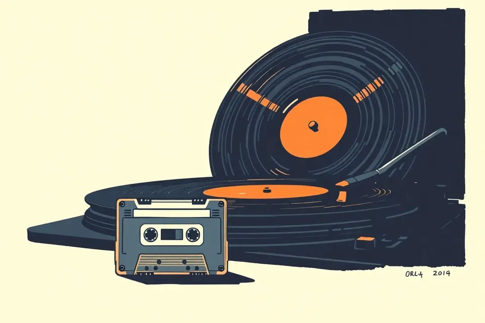 Close-up of a vinyl record on a turntable with a cassette tape nearby, in a dimly lit livehouse setting.