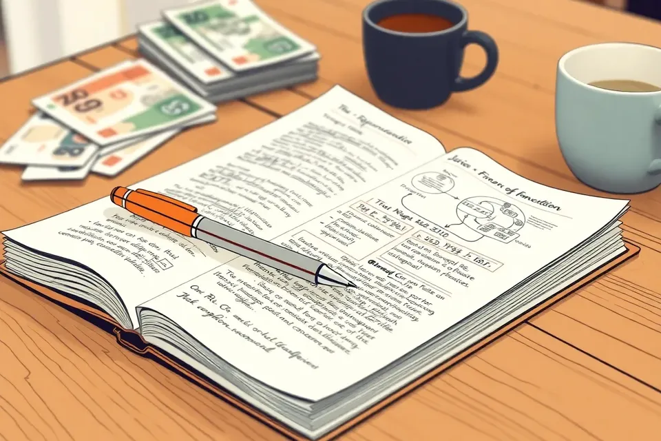 An open notebook with handwritten notes and diagrams on a wooden table, a pen resting on it, with blurred Thai banknotes and a coffee cup in the background.
