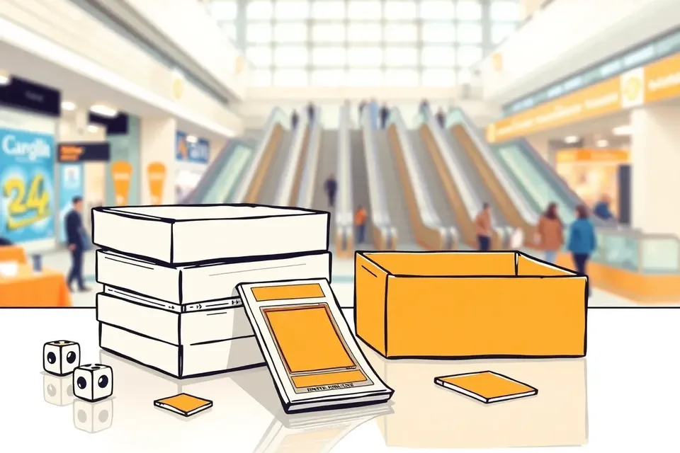 A still life arrangement of trading card boxes, a foil pack, a rare card in a sleeve, a dice, and scattered card sleeves on a counter, with a blurred bright atrium background.