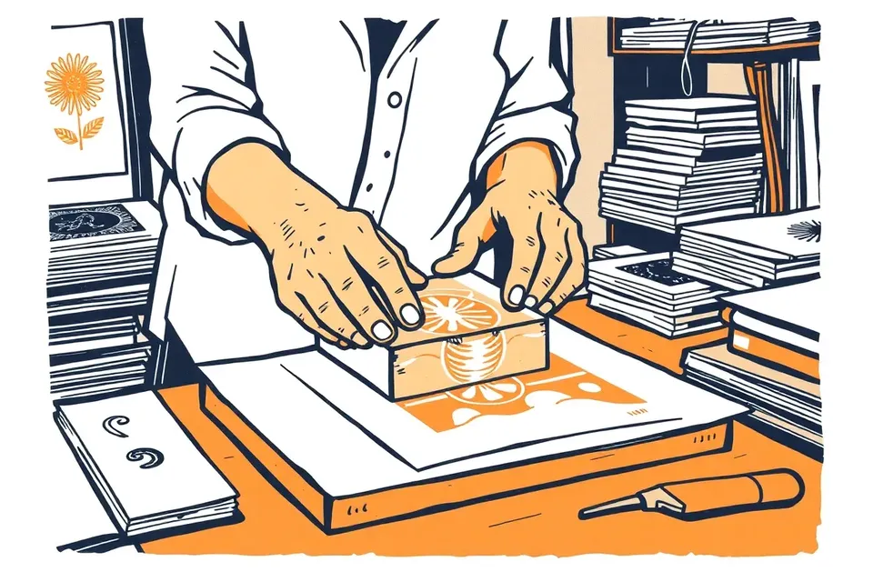 An artist's hands pressing a carved block onto paper, with prints and tools nearby, in a focused, creative atmosphere.