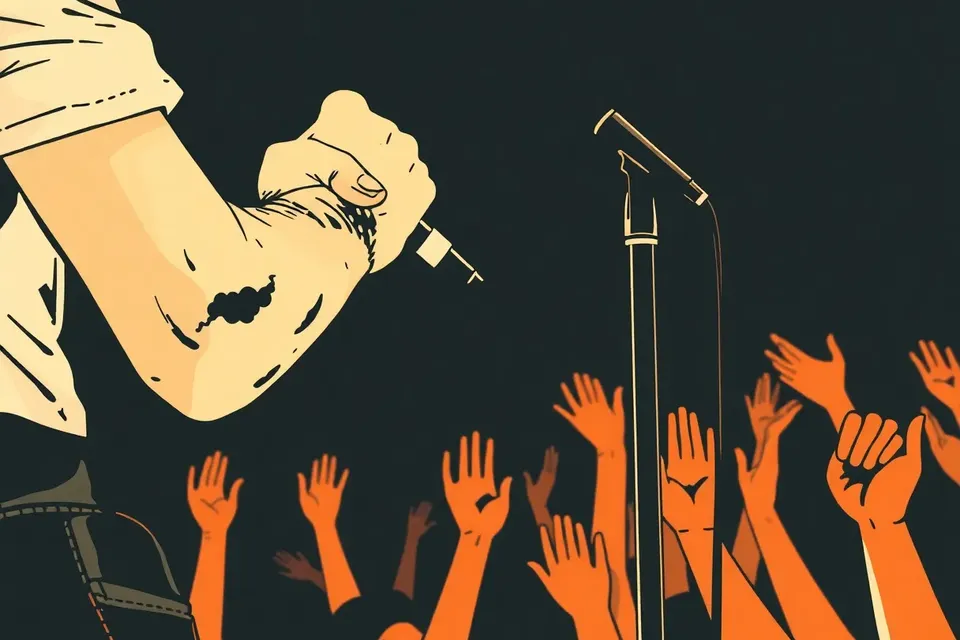 Close-up of a punk musician's arm holding a microphone stand, with sweat on skin and a torn leather jacket, while audience hands are raised in the dark background.