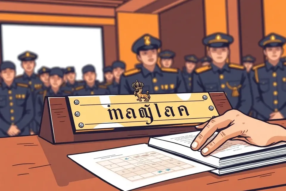 Close-up of a brass nameplate with Thai royal emblem on a podium, with blurred figures in uniforms and a hand on policy documents in the background.