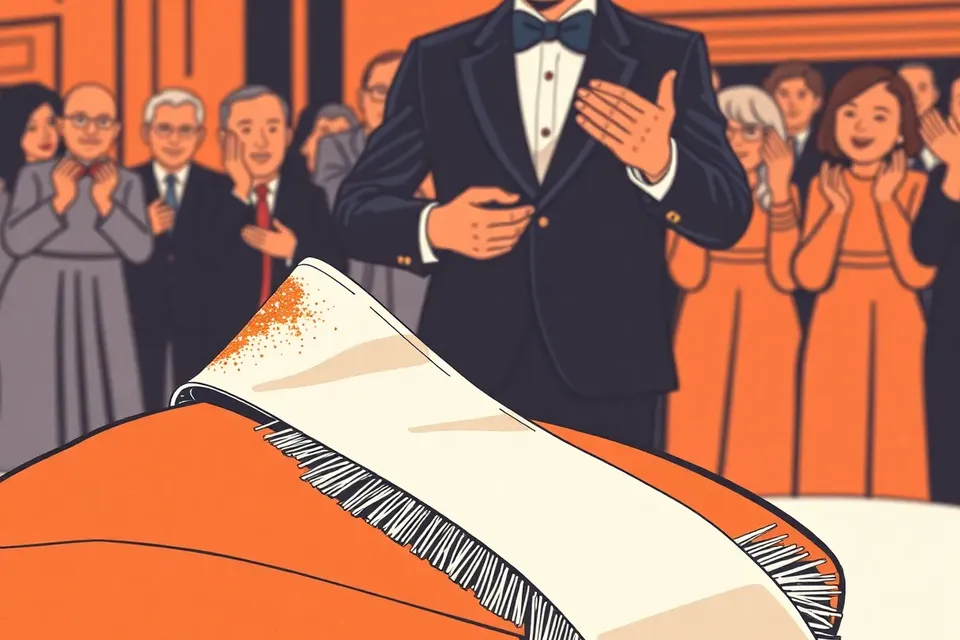 Close-up of a gold-fringed sash on a velvet cushion, with a blurred figure in a suit in the background.