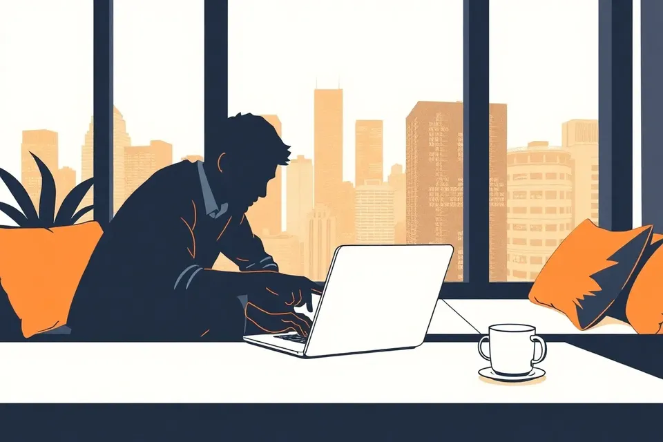 Two people in a modern lounge discussing AI on a laptop, with city lights visible through large windows.