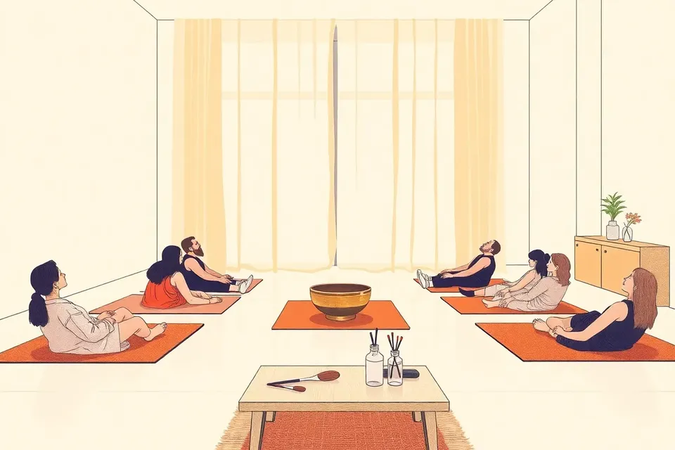 A bright, airy studio with people lying on mats in a circle, a facilitator with a singing bowl, and a table with vials and brushes in the background.
