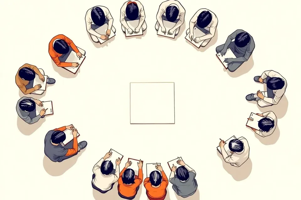 An overhead view of a group of people seated in a circle, drawing in sketchbooks, their bodies forming a radial pattern around a central empty page.